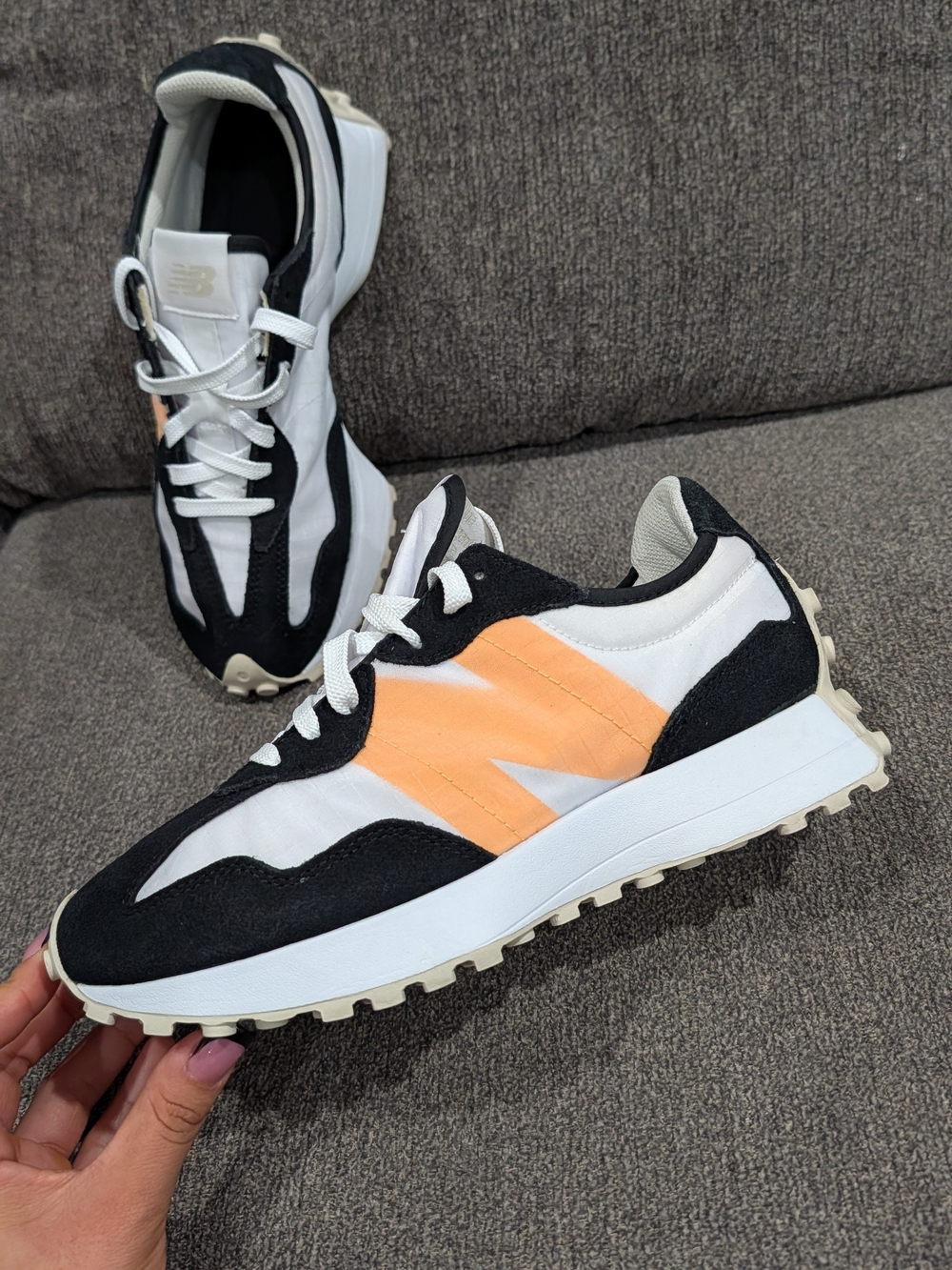 New Balance Women’s 327 Leather-Trim Sneakers in White Black Peach